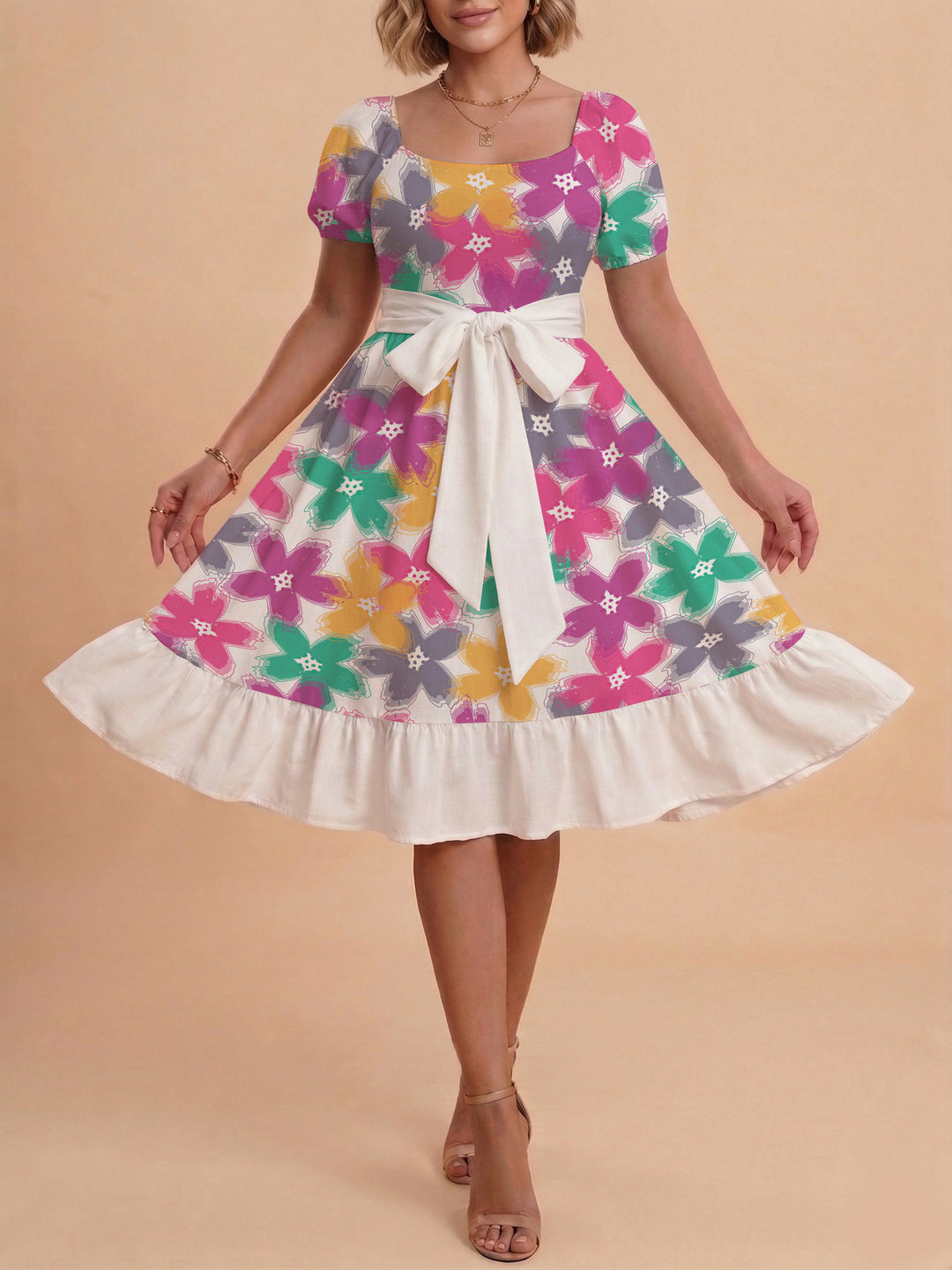Women's floral dress with adjustable belt and voluminous sleeves Lune London