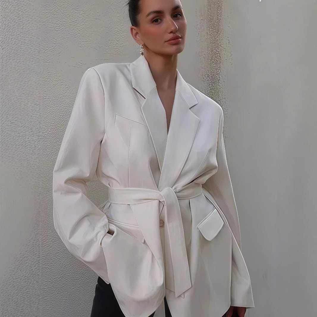 Women Elegant Blazer Jacket with Belt and Chic Pockets and Style