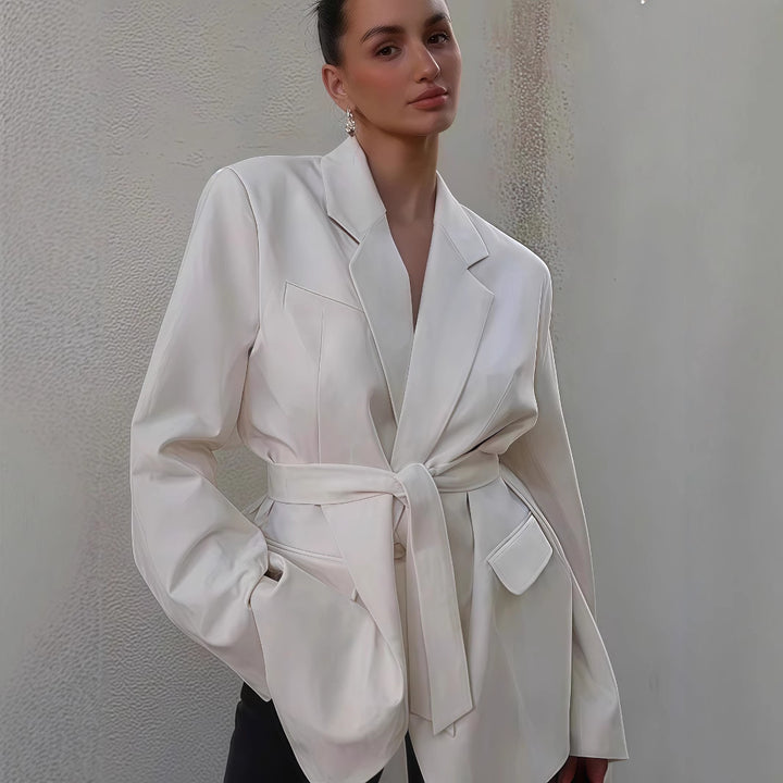Women Elegant Blazer Jacket with Belt and Chic Pockets and Style
