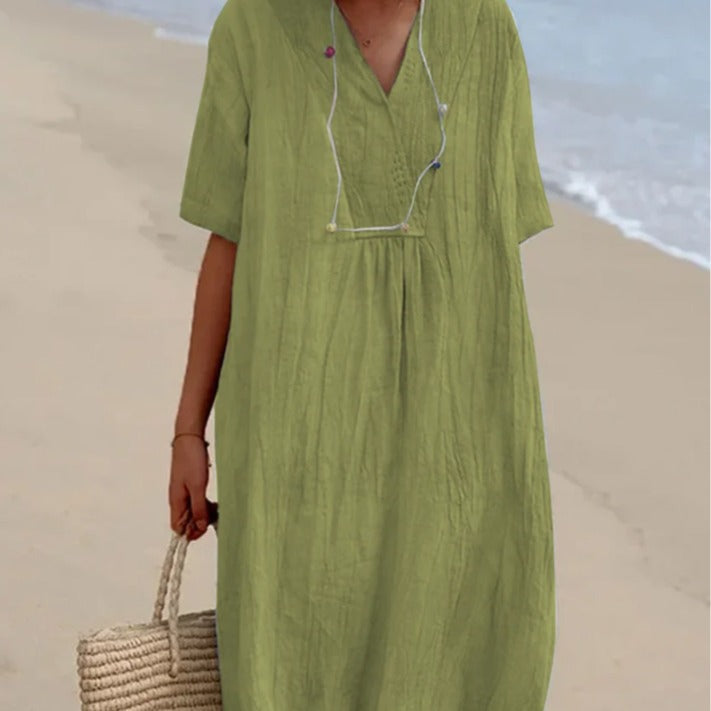 Casual midi dress for women with V-neck and comfortable short sleeves Chic and Style