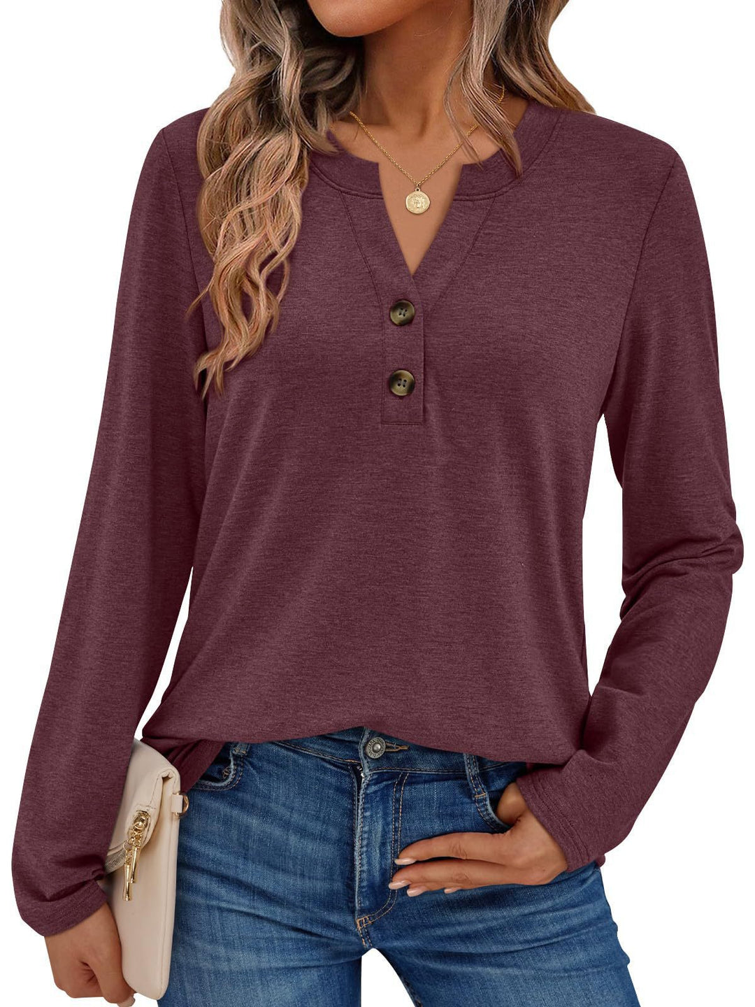 Casual long sleeve T-shirt for women with button detail and round neck Lune London