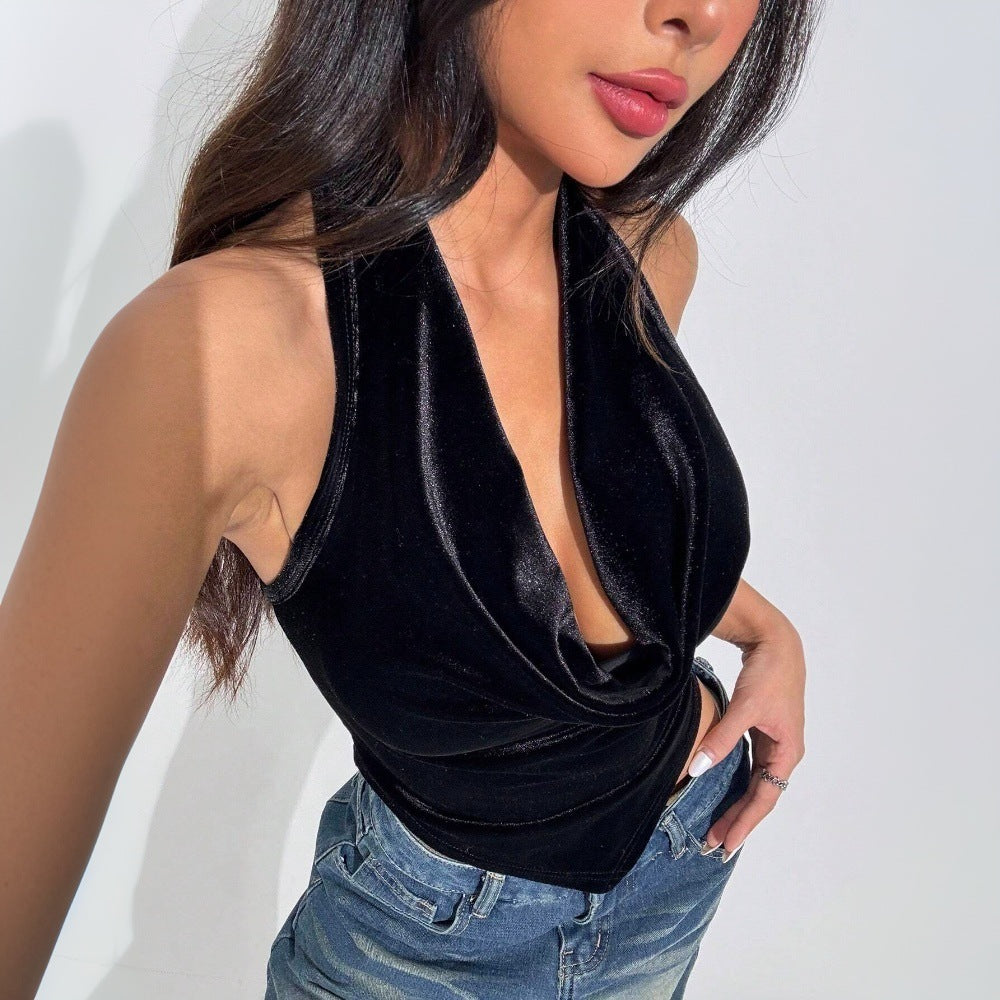 Elegant halter top for women with deep draped neckline in velvet Chic & Stil