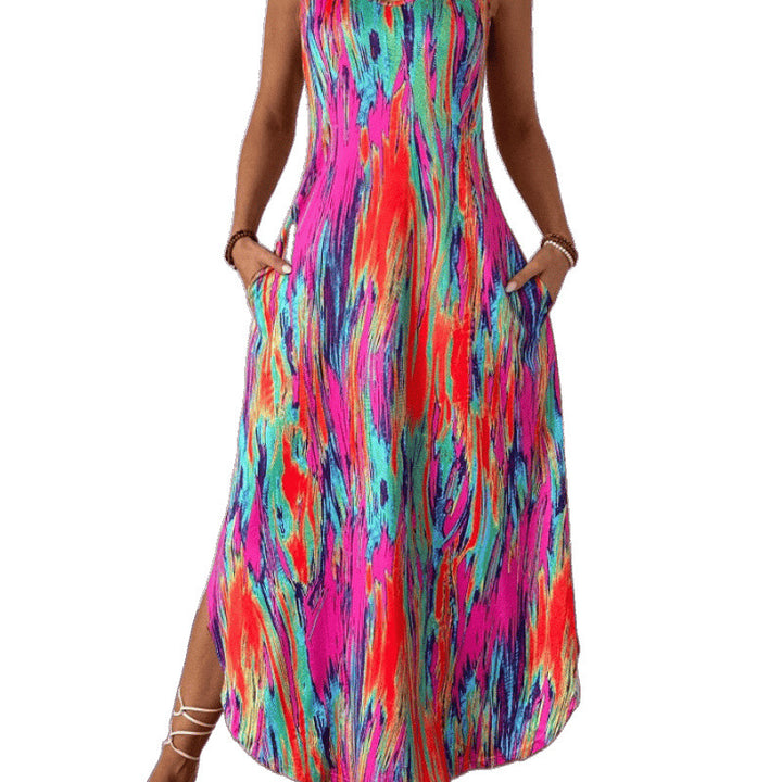 Vibrant Abstract Maxi Dress for Women with Chic Ruffle Hem and Style