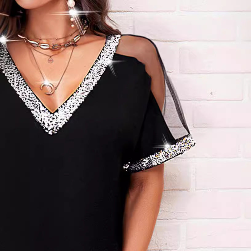Casual women's V-neck dress with sequin trim Lune London