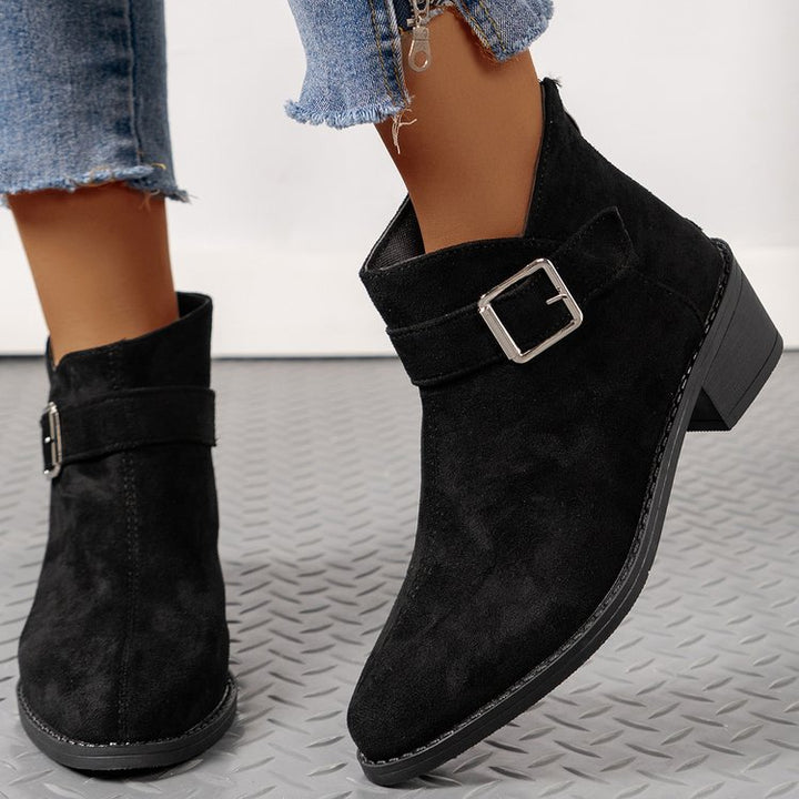 Women's ankle boots with a fashionable buckle detail and a comfortable square heel Lune London