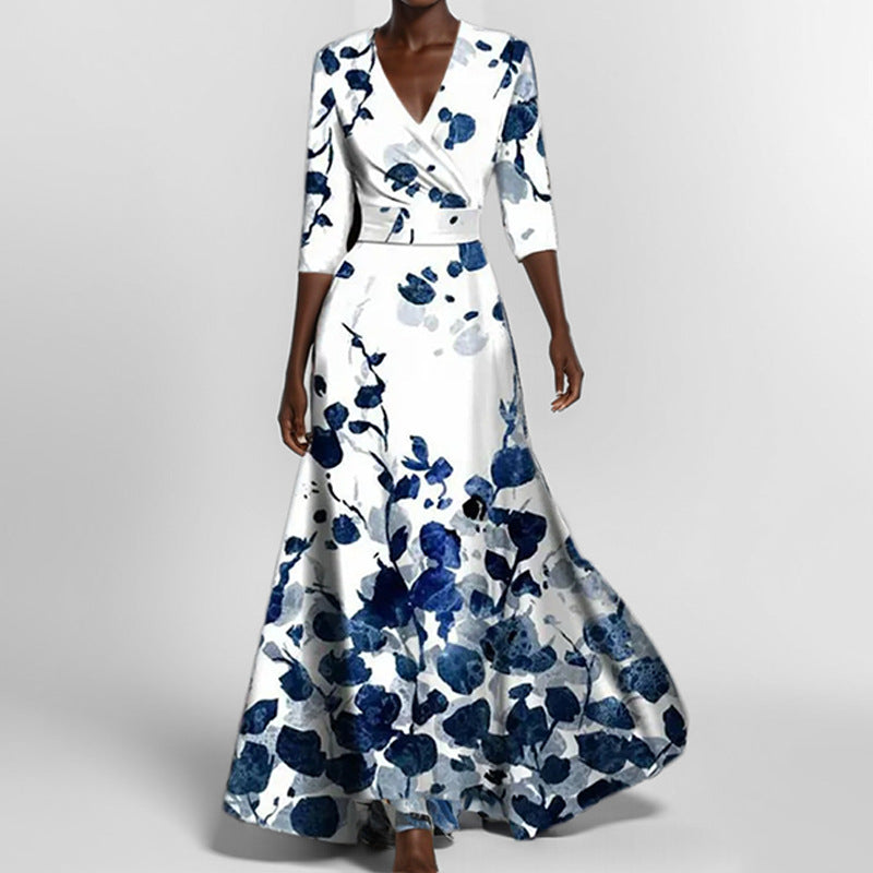 Chic und Stil | Elegant V-Neck Printed Waist Dress with Peplum