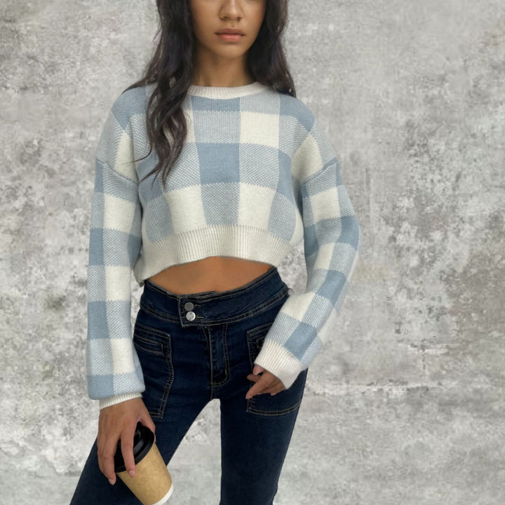 Lune London long sleeve cropped sweater for women with checked pattern