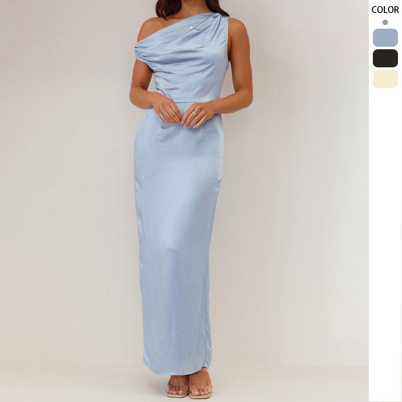 Women's Elegant Maxi Dress with Asymmetrical Cut and Decorative Draped Design