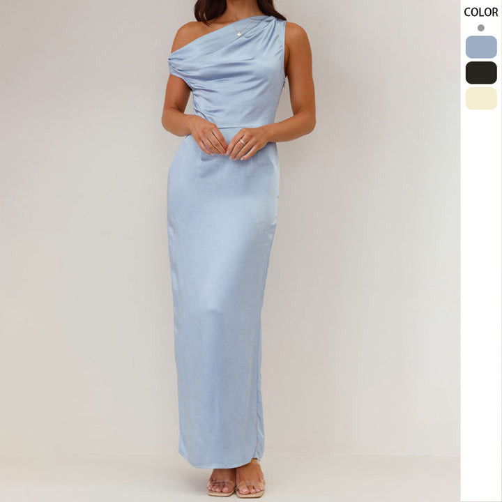 Women's Elegant Maxi Dress with Asymmetrical Cut and Decorative Draped Design