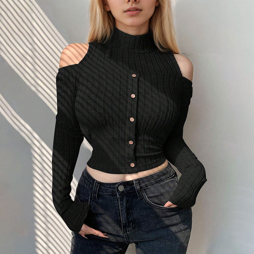 Long sleeve sweater for women, short, with off-shoulder details and button closure Chic & Stil