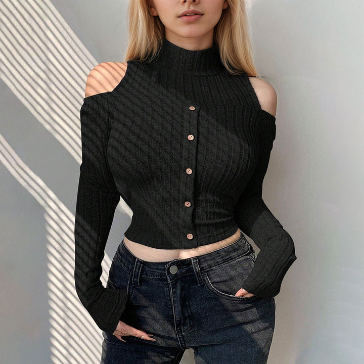 Long sleeve sweater for women, short, with off-shoulder details and button closure Chic & Stil