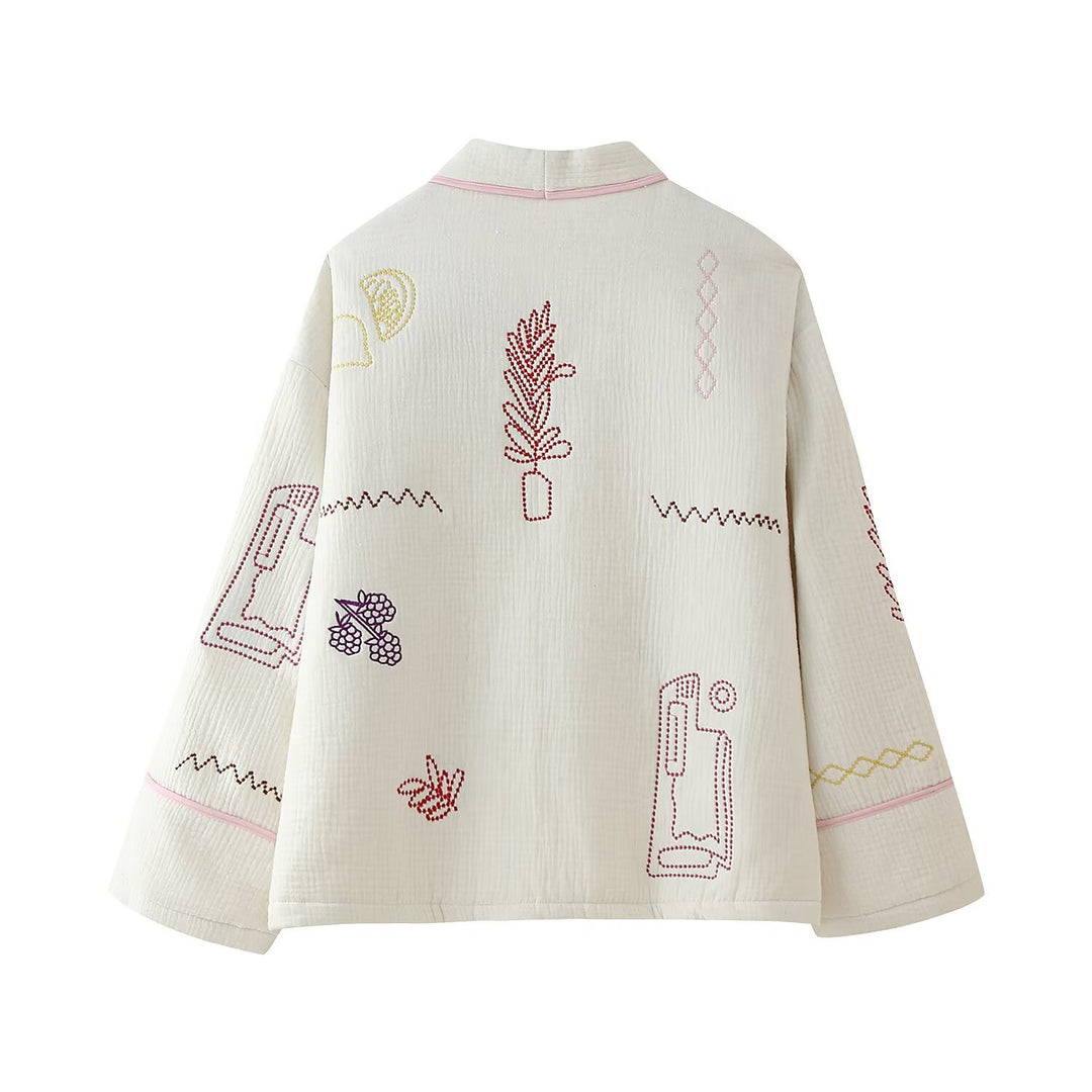 Women's kimono jacket with decorative embroidery design and practical pockets Lune London