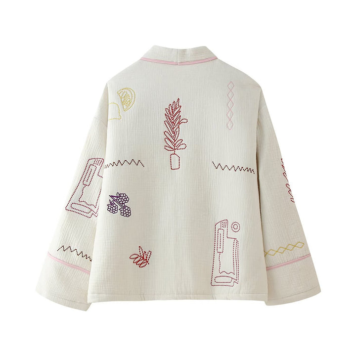 Women's kimono jacket with decorative embroidery design and practical pockets Lune London