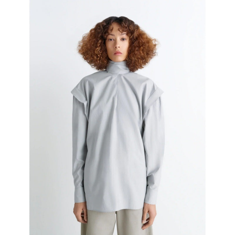 Elegant long sleeve top for women with high collar and modern ruffled sleeves Lune London