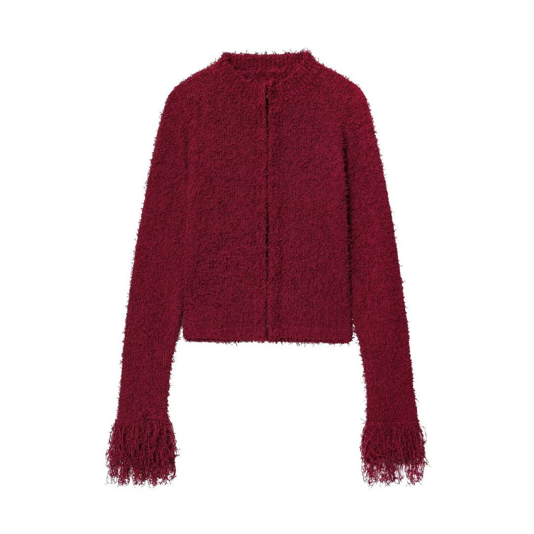 Ladies Comfortable knitted cardigan with fringed sleeves and a stylish collar Lune London