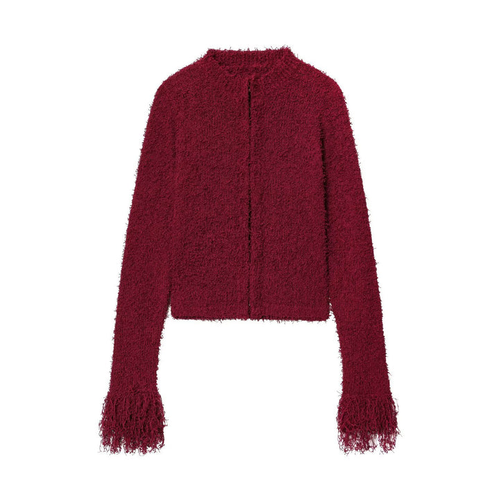 Ladies Comfortable knitted cardigan with fringed sleeves and a stylish collar Lune London