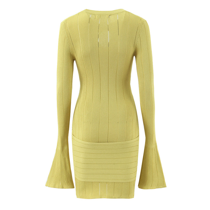 Fitted knitted dress for ladies with an original neckline and a chic ruffle.