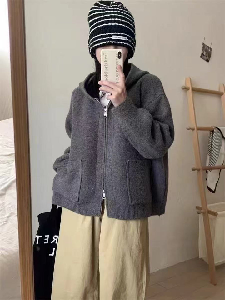 Ladies Casual Oversized Knit Vest with Hood and Pockets Lune London