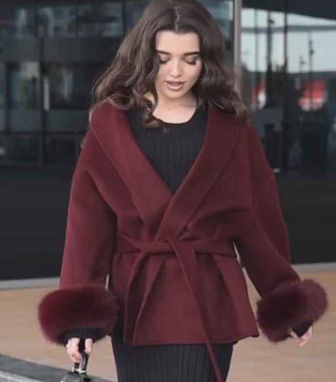Ladies Elegant tie jacket with faux fur sleeves Lune London