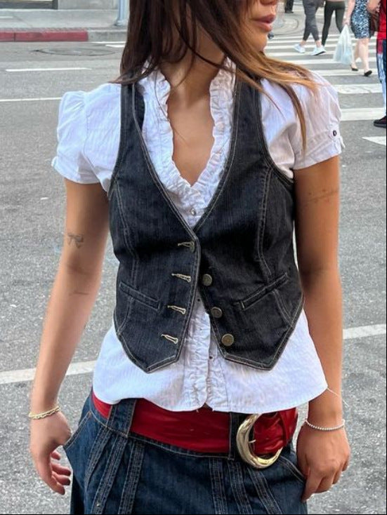 Women’s denim vest with fine button details and practical pockets Lune London