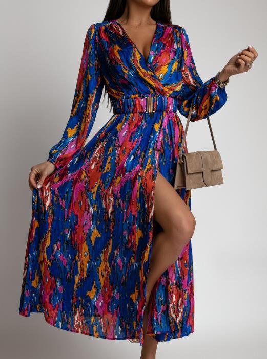 Colorful silk maxi dress for women with a high slit and a belt Lune London