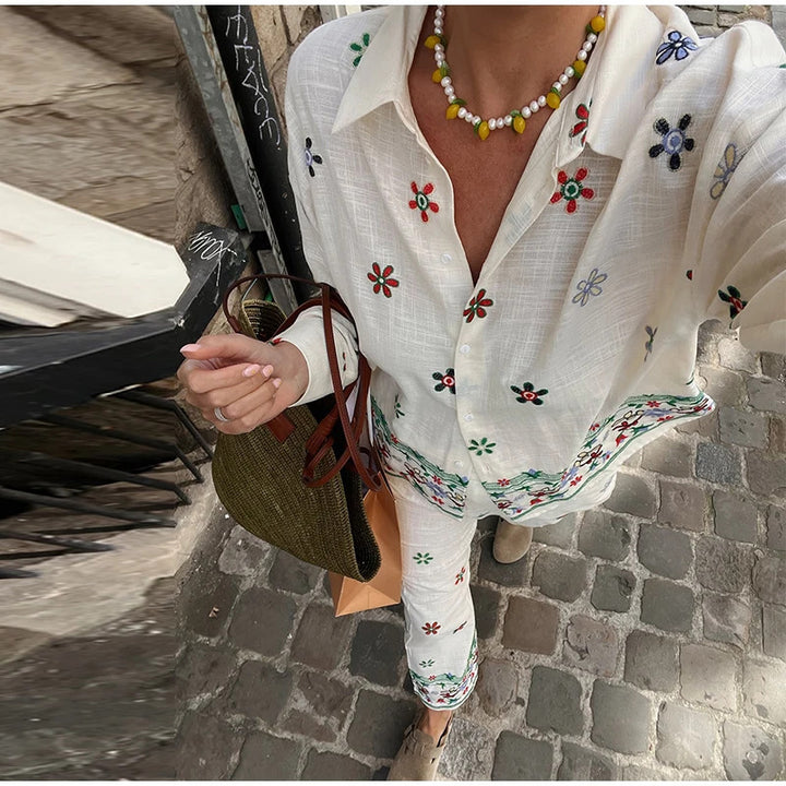 Women Elegant and Casual Wide Fabric Trousers with Embroidered Floral Design Lune London