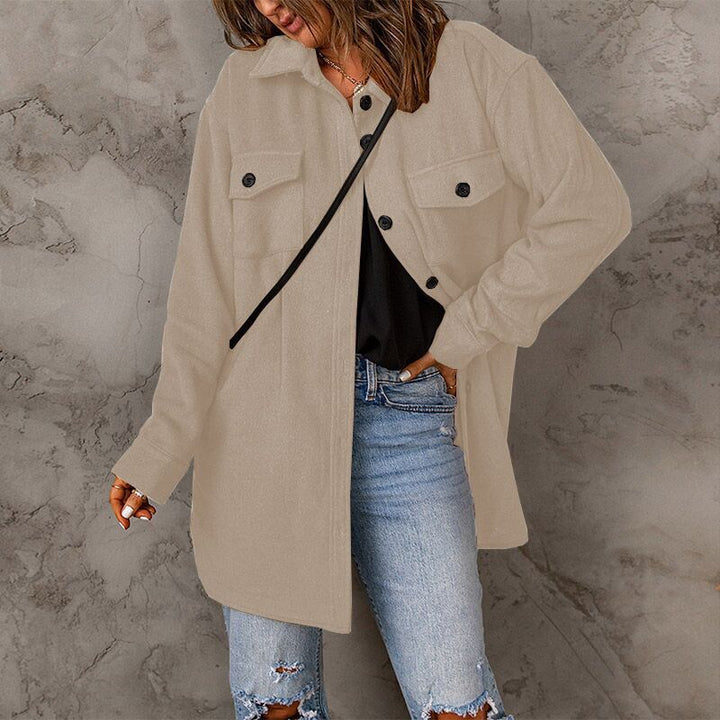 Lune London women's versatile oversized shirt jacket with patch pockets and button closure