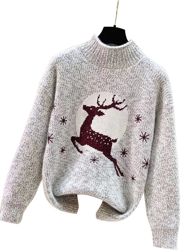 Knitted women's sweater with festive reindeer pattern and high collar Lune London