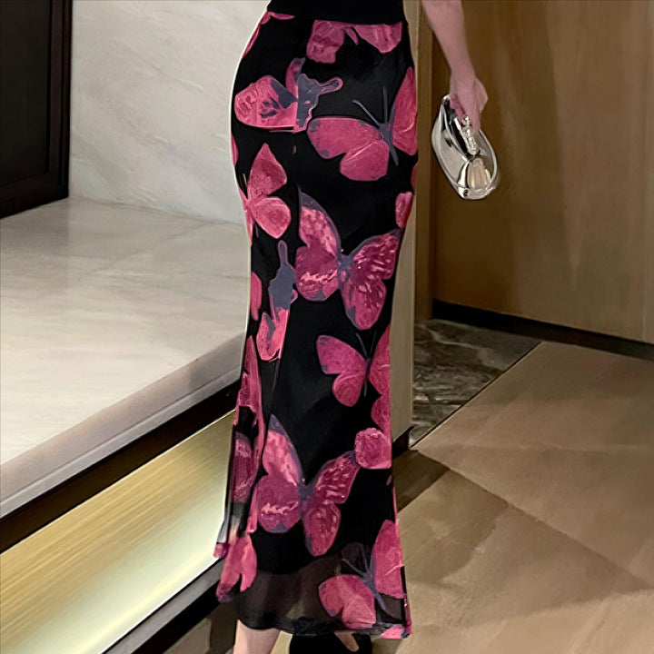 Ladies Elegant Maxi Dress with Floral Butterfly Patterns and Transparent Hem