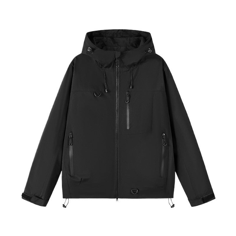 Outdoor technical jacket for men with adjustable hood design and numerous zipped pockets Lune London