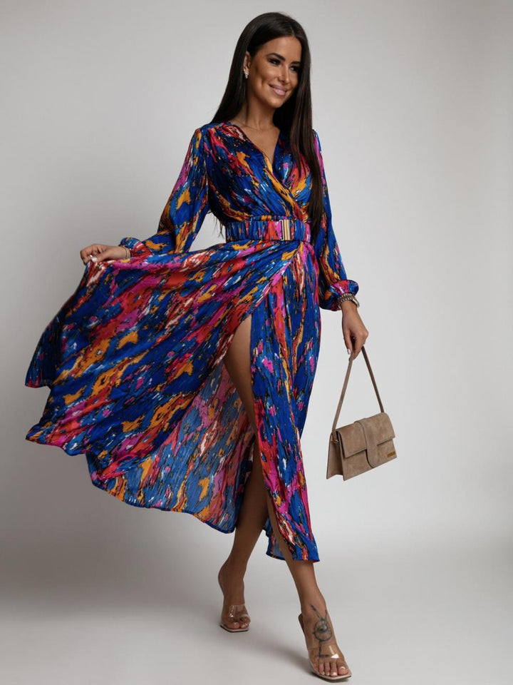 Maxi dress with a vibrant print for women with a self-tie belt Lune London