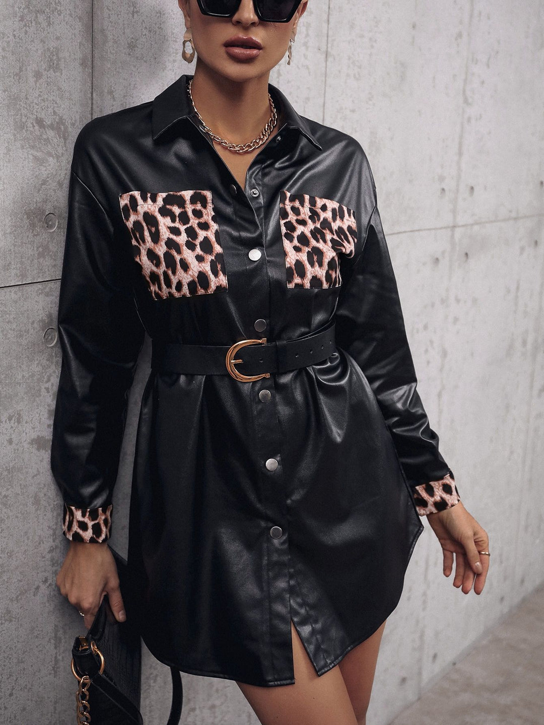 Shirt dress in faux leather for women with animal print and adjustable belt Lune London