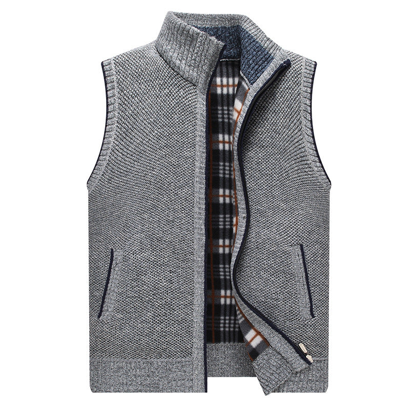 Men's knit vest with high collar and checked lining Lune London