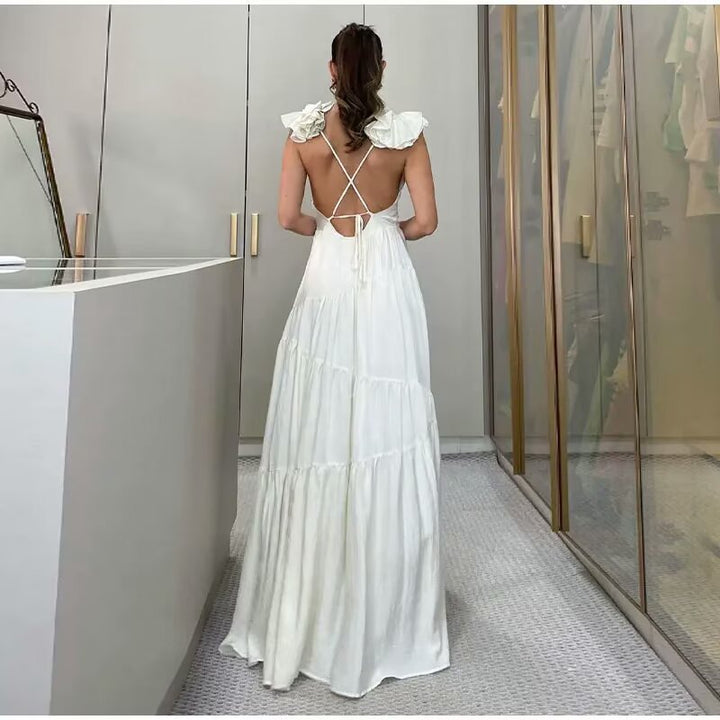 Maxi dress for women with a floating ruffle design and an elegant V neck Lune London