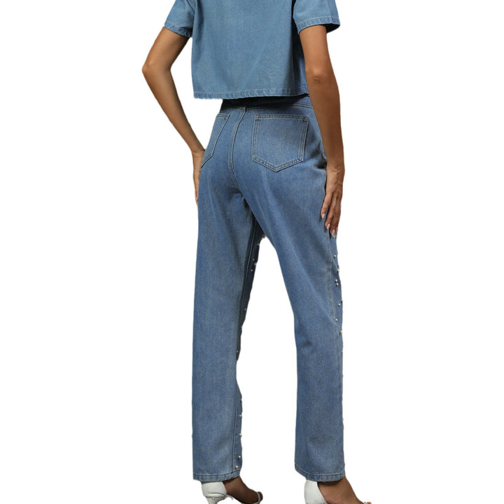 Women's jeans with chic and stylish pearl decoration