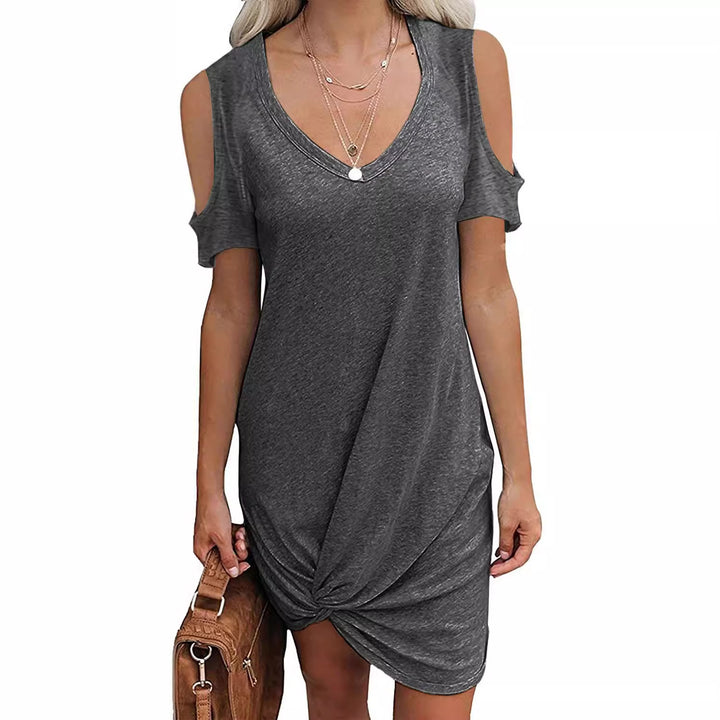 Mini V-neck dress for ladies with open shoulder design and refined tying details Lune London