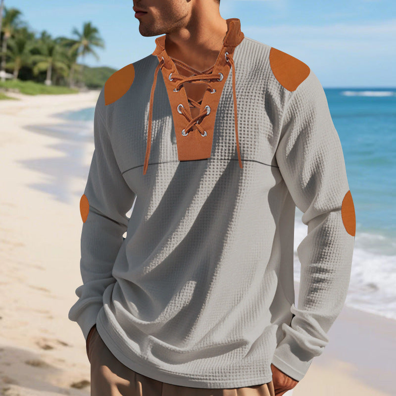 Casual long sleeve Henley shirt for men with an original lace-up design and contrasting elbow patches Lune London