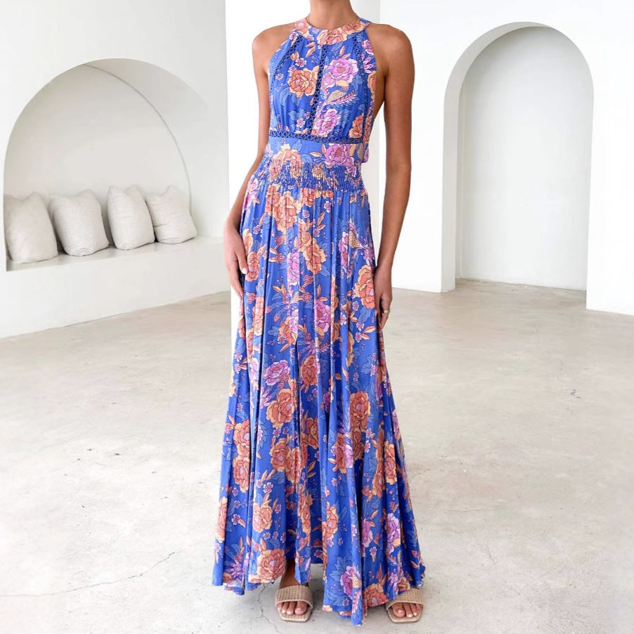 Elegant Maxi Dress for Women with Floral Accents and Chic Backless Style