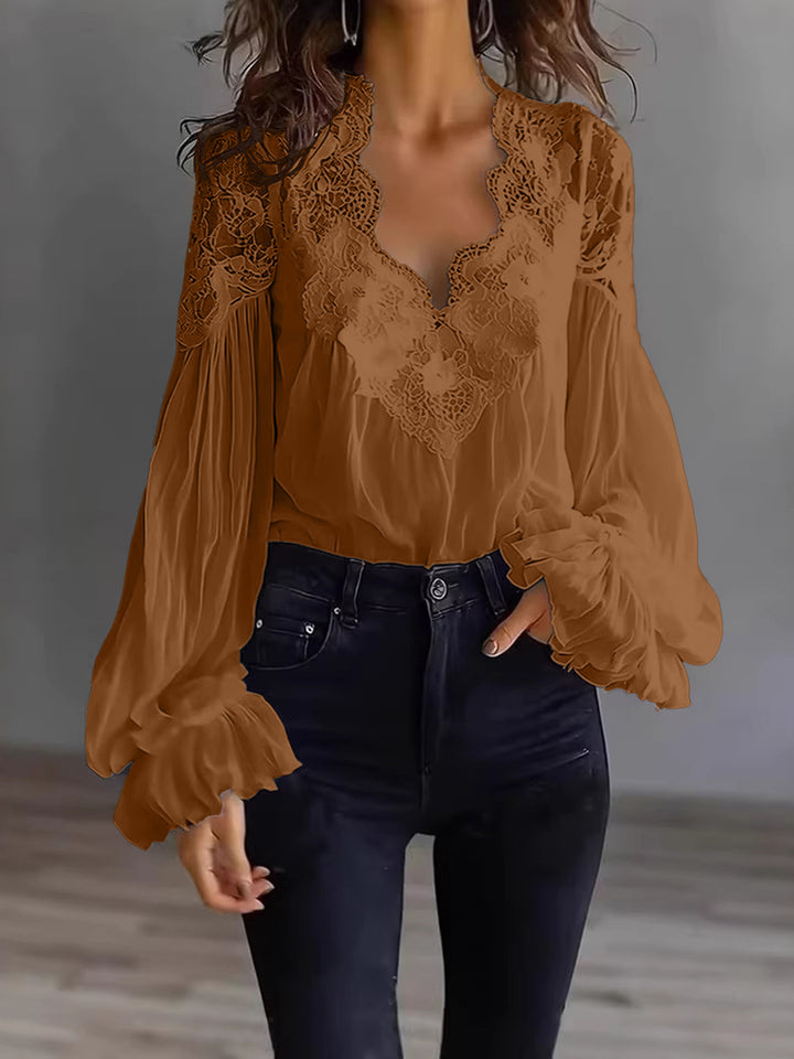 Women's Flowing Blouse with Lace Applications and Long Ruffle Sleeves Lune London