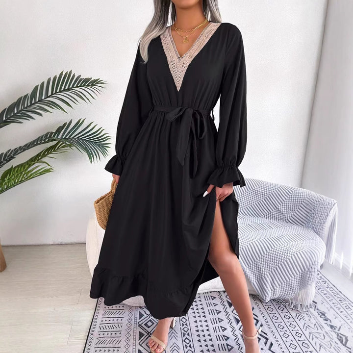 Ladies Elegant V-neck Maxi Dress with Ruffled Hem Lune London