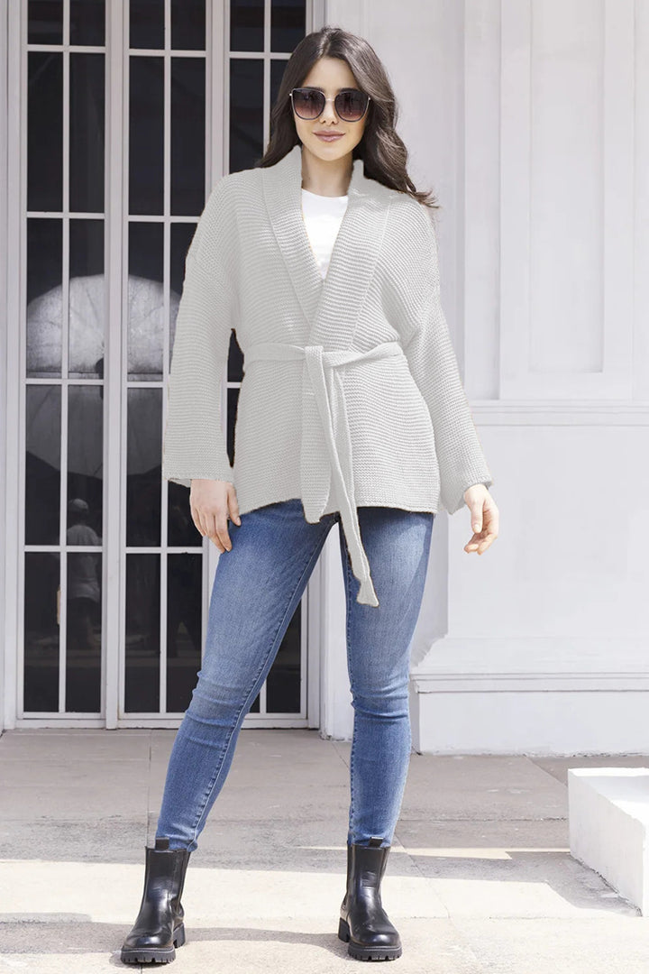 Ladies chunky knit cardigan with waist belt and open front Lune London