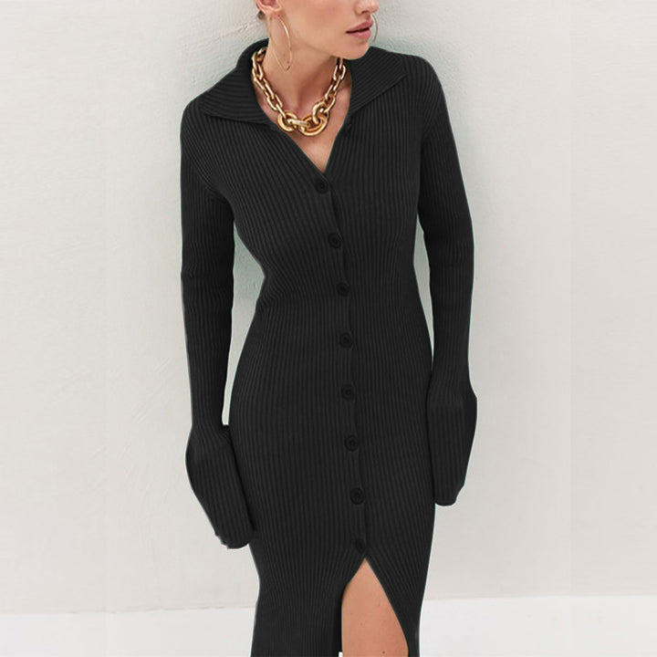 Ribbed knit dress for women with button and side bar Lune London