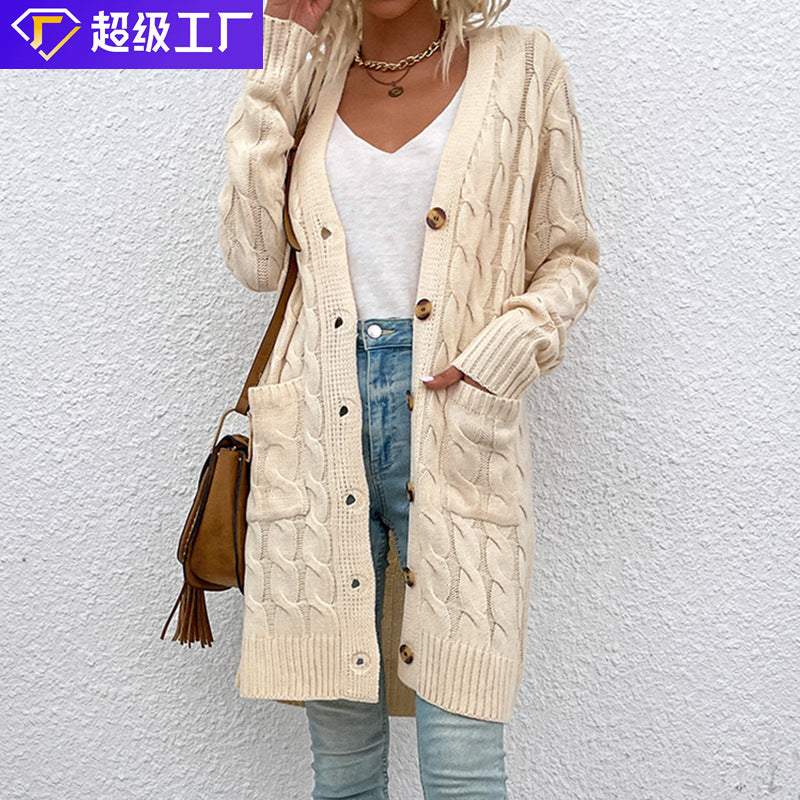 Women's cardigan with deep V-neck and elegant cable pattern Lune London