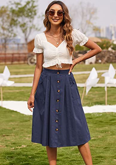 Midi skirt for women with button placket and practical pockets Lune London