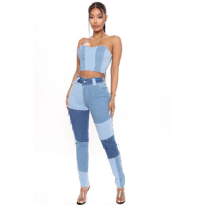 Women's jeans pants with trendy patchwork design, high waist and fitted cut Lune London