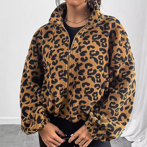 Ladies Short Plush Leopard Print Jacket with High Collar Lune London