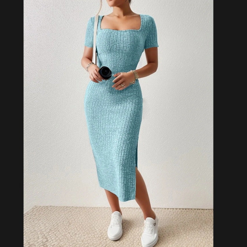Lune London fitted maxi dress for women with side slits and stretchy material