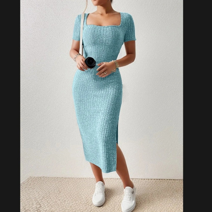 Lune London fitted maxi dress for women with side slits and stretchy material