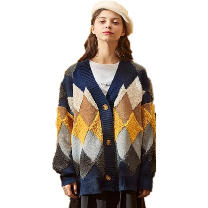 Thick knit jacket for women with a modern diamond pattern and large wooden buttons Lune London
