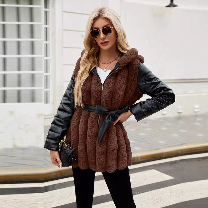 Reversible women's jacket with hood and faux fur belt Lune London